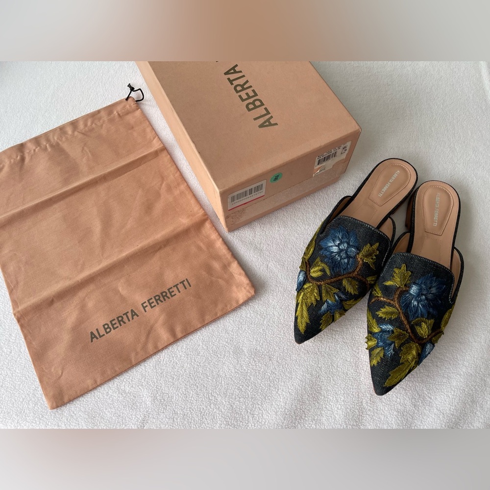 Alberta Ferretti Black and Blue Embroidered Mules